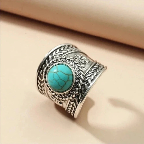 Boho Silver Turquoise Statement Cuff Ring — Adjustable Western Style Jewelry - Picture 3 of 3